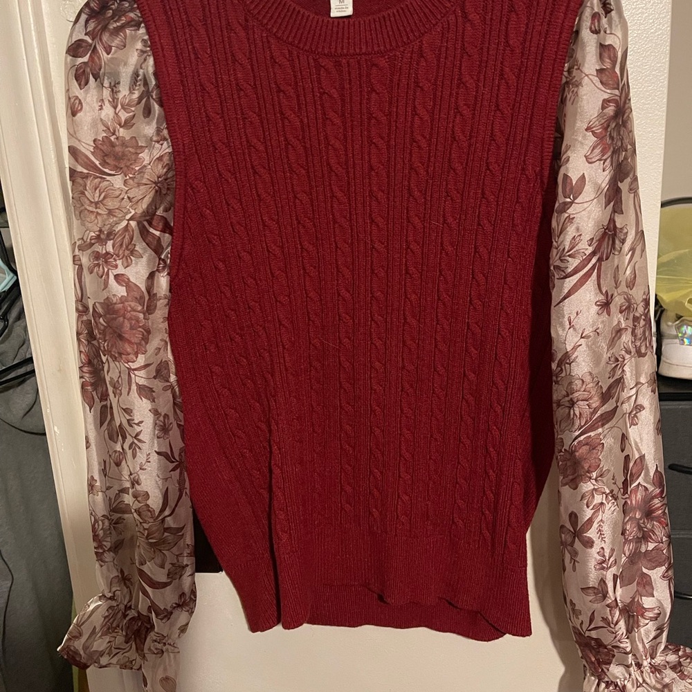 Cato Red Sweater with Floral Sheer Sleeves
